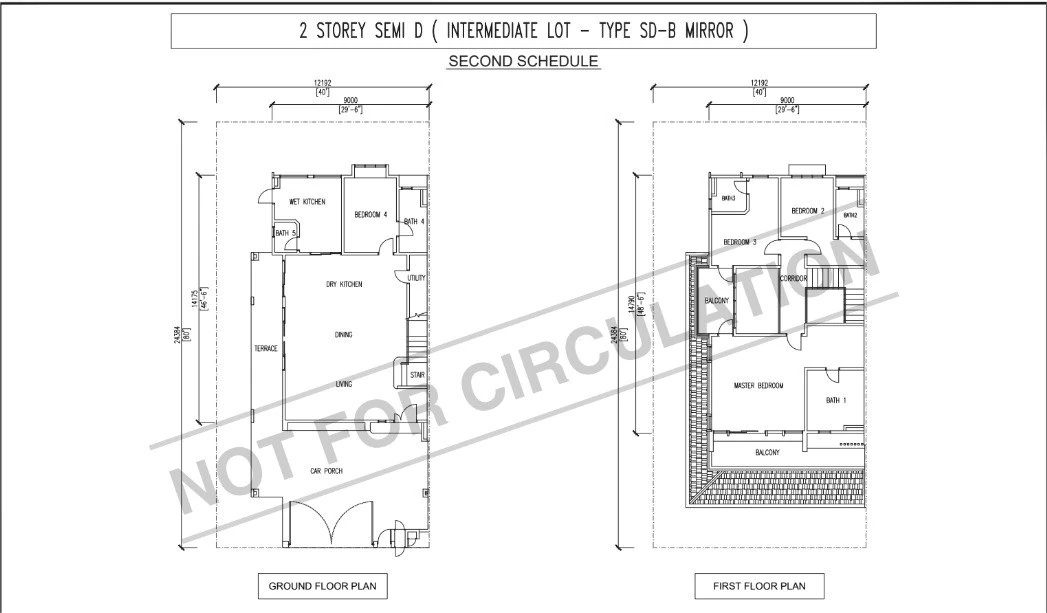 BungalowDees Premier floor plan — Type SD-B intermediate lot. Ground floor with living, dining, dry and wet kitchen, utility, bedroom 4 with bath 4, bath 5, terrace and car porch; first floor with master bedroom, bath 1, two balconies, bedrooms 2 and 3 each with a bathroom.