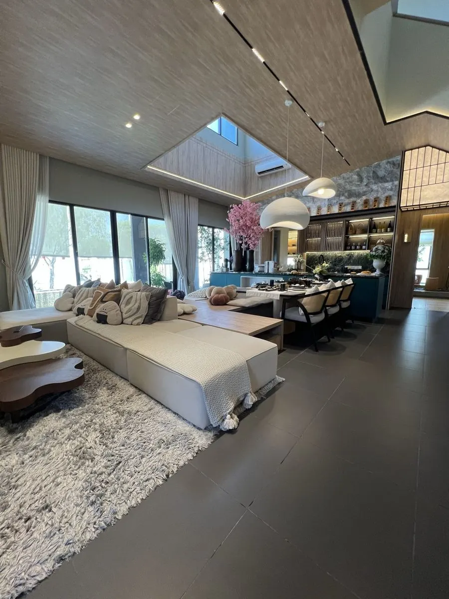 Double-height living area of the BungalowDees Premier show unit