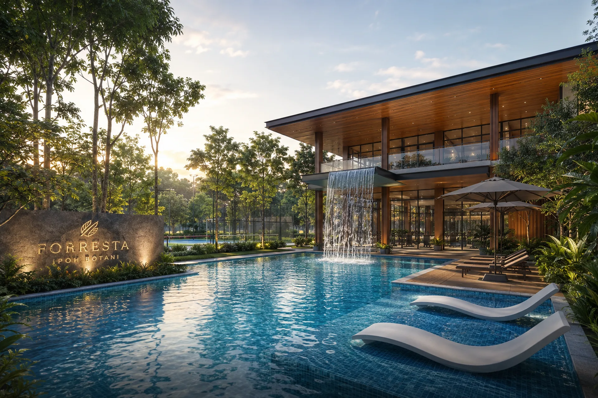 Forresta clubhouse and pool at dusk