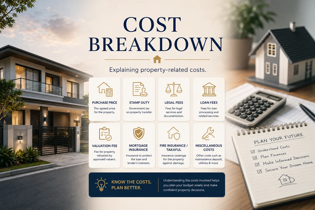 Cost Breakdown: purchase price, stamp duty, legal fees, loan fees, valuation fee, mortgage insurance, fire insurance and other miscellaneous costs