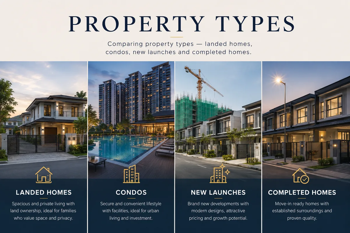 Property Types: comparing landed homes, condos, new launches and completed homes