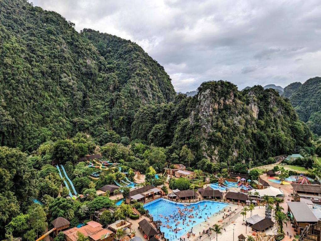 Lost World of Tambun water park, surrounded by limestone hills