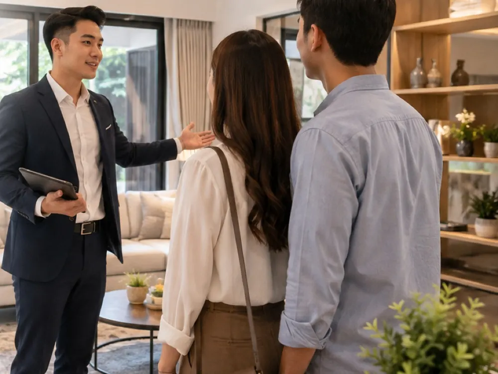 Property agent advising a couple on selling their Ipoh home
