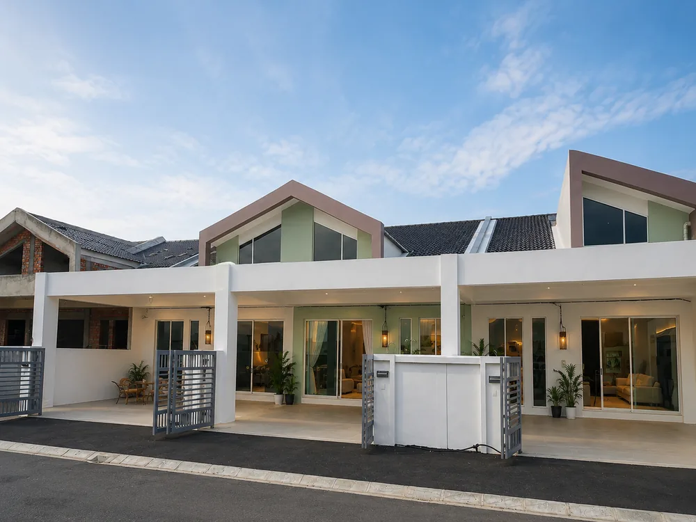 Completed single storey terrace homes at Klemeru, Meru Ipoh &mdash; front elevation showing car porch and entrance