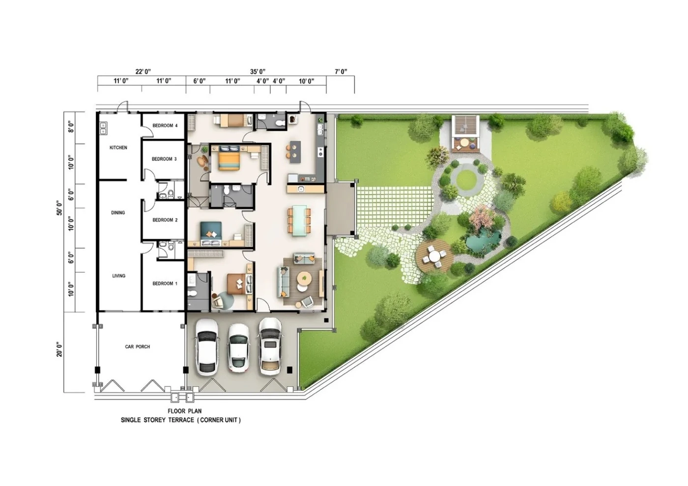 Klemeru 4 single storey terrace floor plan, corner unit with extra land