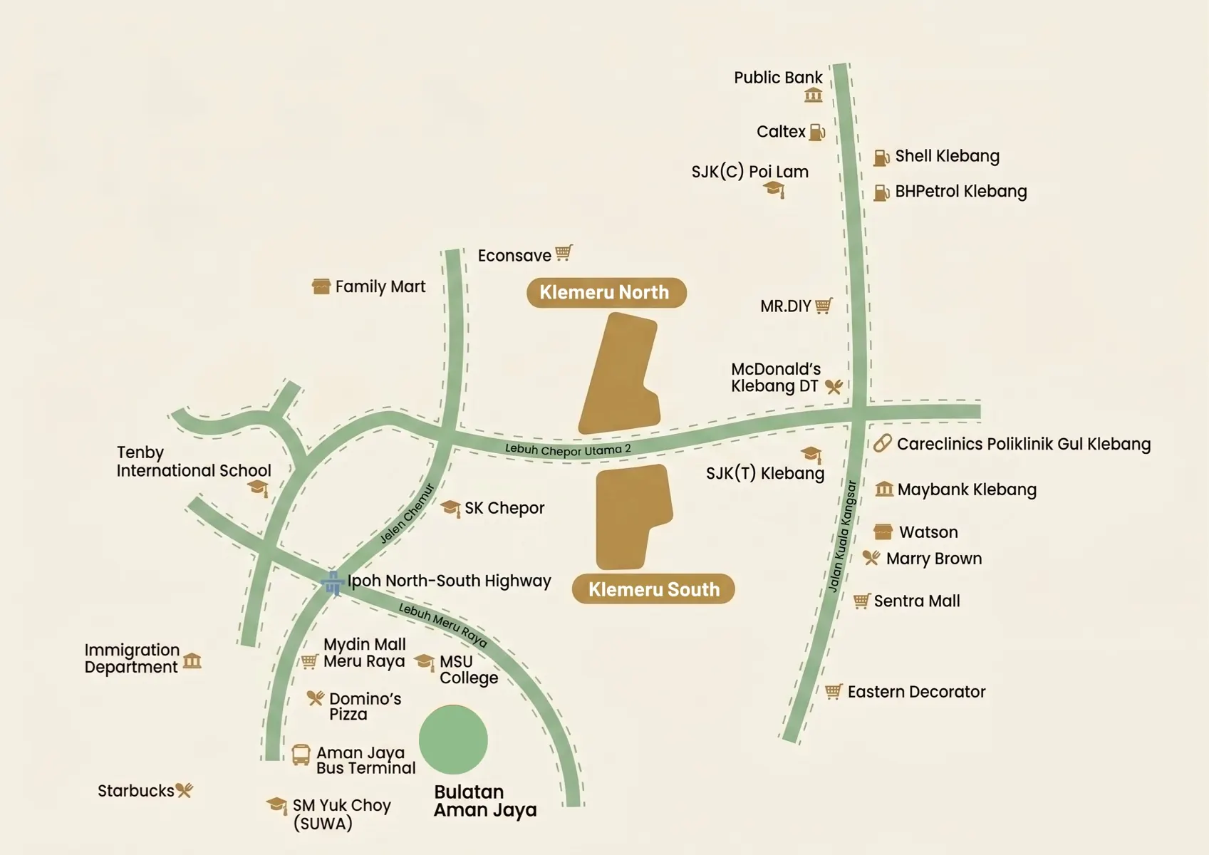 Klemeru location map showing schools, malls, banks and highway access at Meru, Ipoh