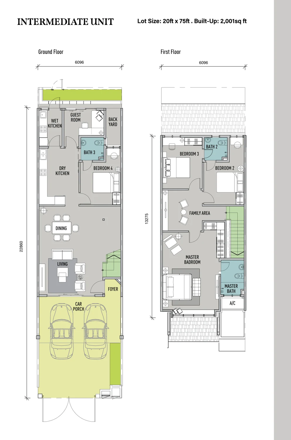 Olive Grove intermediate unit floor plan — ground floor with living, dining, dry and wet kitchen, guest room, bedroom 4 with bath 3, foyer, back yard and a two-car porch; first floor with master bedroom and master bath, bedrooms 2 and 3, bath 2 and a family area.