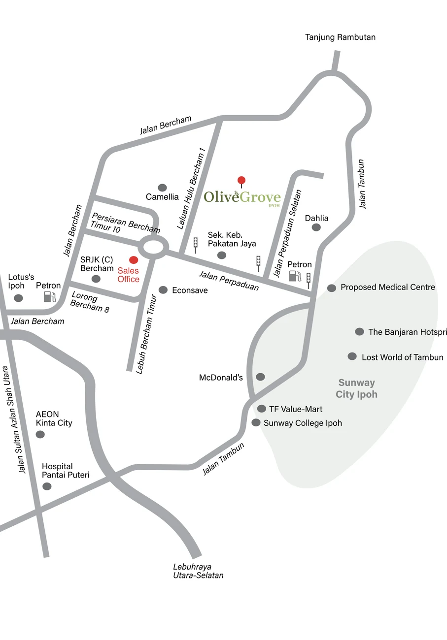 Olive Grove location map showing Jalan Bercham, Sunway City Ipoh, AEON Kinta City, TF Value-Mart and the surrounding roads
