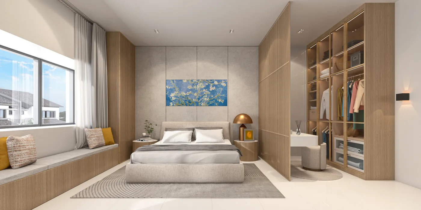 Bedroom with fitted wardrobe, Olive Grove, developer rendering