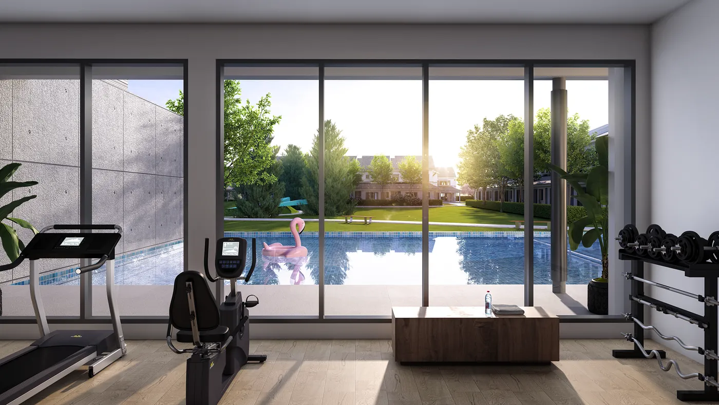 Gymnasium overlooking the pool at Olive Grove, developer rendering