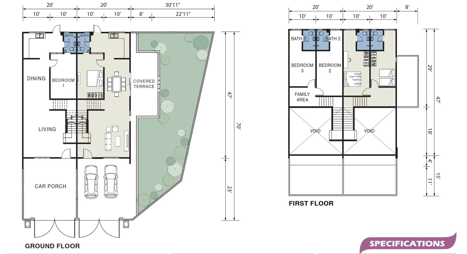 Pearl Garden Phase 3 floor plan — ground floor with dining, bedroom 1, living and car porch; first floor with bedrooms 2 and 3, family area and void