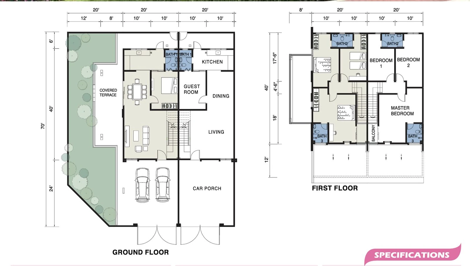 Pearl Garden double storey floor plan — ground floor with kitchen, dining, living and guest room; first floor with master bedroom, two bedrooms and balcony