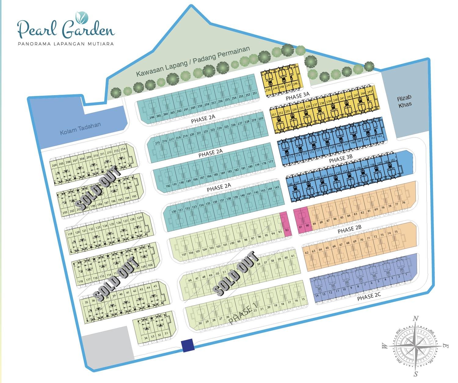 Pearl Garden site plan showing Phase 1, 2A, 2B, 2C, 3A and 3B, the playground and retention pond at Bandar Seri Botani, Ipoh