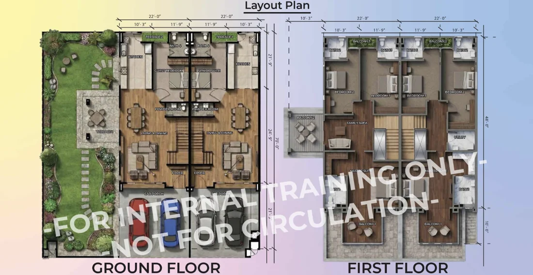 Urban FORResSSTss (GCA) floor plan &mdash; 22&prime; &times; 70&prime; lot. Ground floor with living and dining, kitchen, guest bedroom or senior suite with bath 4, powder room, terrace and car porch; first floor with master suite and bath 1, bedrooms 2 and 3, family area, utility and balconies.