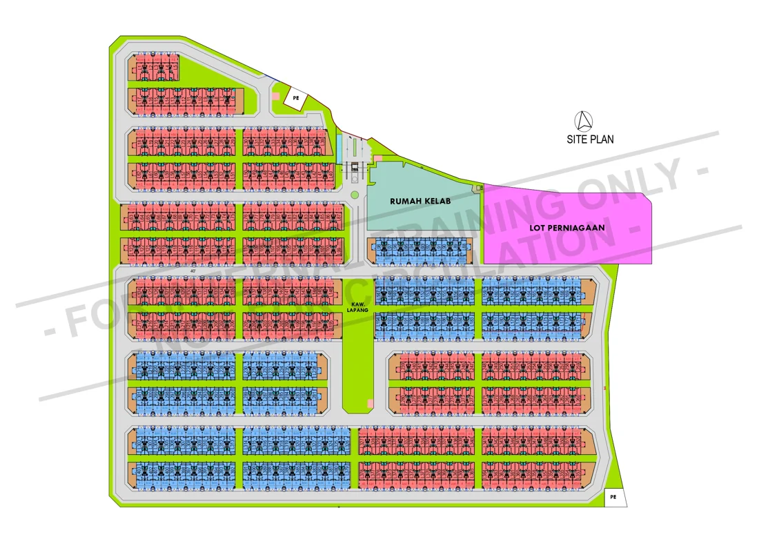 Urban FORResSSTss GCA and GCB site plan &mdash; every lot in the gated and guarded enclave, with the clubhouse (Rumah Kelab), the commercial lot (Lot Perniagaan), the open space (Kaw. Lapang) and the guarded entrance